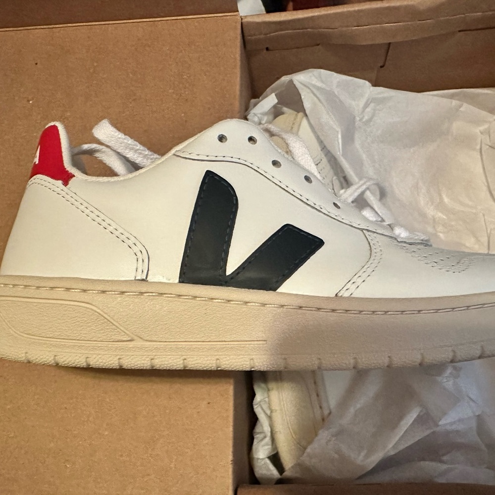 Veja White and Black Sneakers with Red Accent